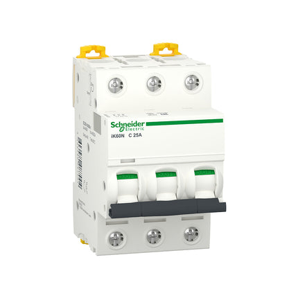 قاطع كهرباء أوتوماتيك MCB شنايدر Acti9 iK60N 25 أمبير 3P منحنى C 6kA A9K24325 - بشيتي ستورز
