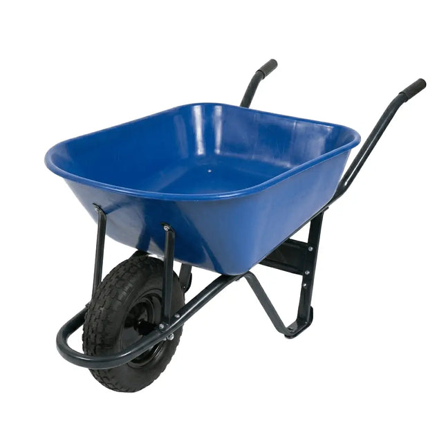 65-liter blue concrete wheelbarrow with pneumatic tire