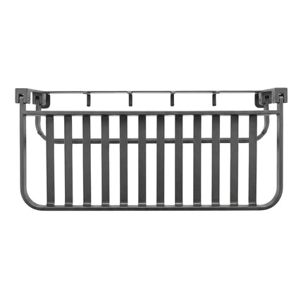 Black heavy-duty towel holder with a shelf and hooks