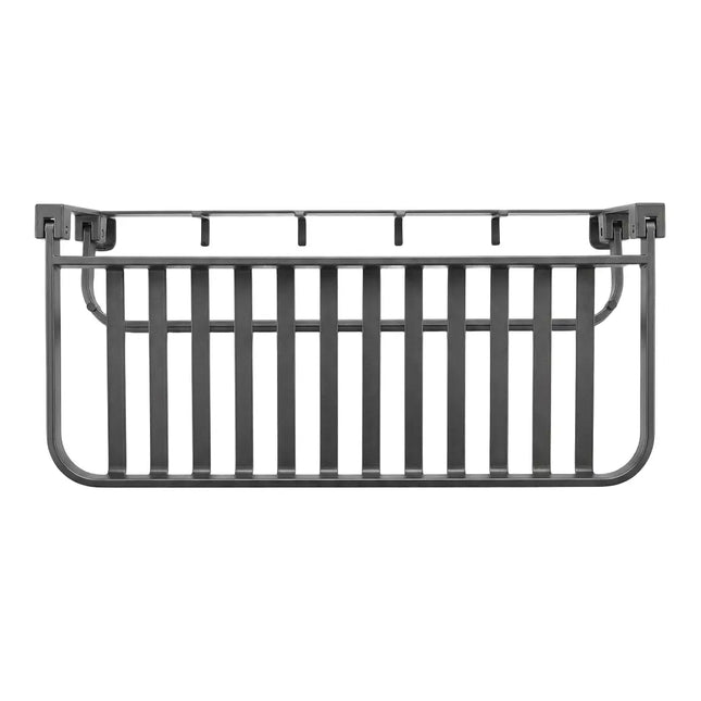 Black heavy-duty towel holder with a shelf and hooks