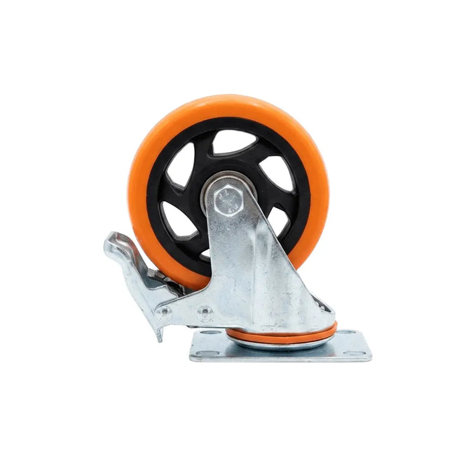 Orange industrial swivel caster with brake, heavy white base, various sizes