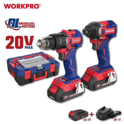 طقم درل شحن 20 فولت 65 نيوتن مع درل شد براغي 450 نيوتن مع بطاريتين 4 امبير وشاحن من وورك ب رو (WP398000)