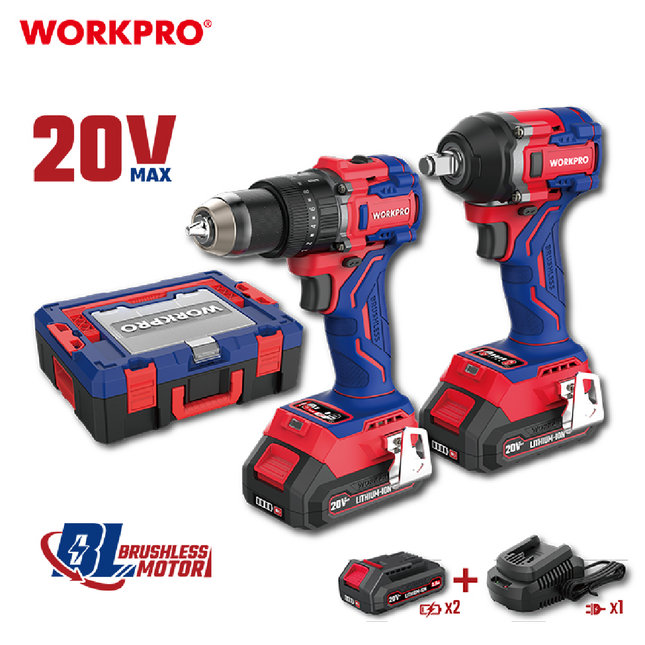 طقم درل شحن 20 فولت 65 نيوتن مع درل بوكس 550 نيوتن مع بطاريتين 4 امبير وشاحن من وورك ب رو (WP398003)