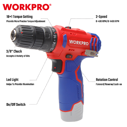 درل براغي شحن 12 فولت بدون بطارية وشاحن من وورك برو (WP460202)