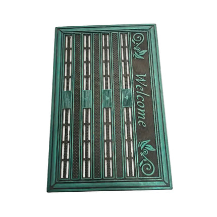 دواسة أرجل مودرن للمداخل باللون الأخضر الفيروزي والأسود مع عبارة Welcome - ممسحة باب مطاطية مفرغة مضادة للانزلاق